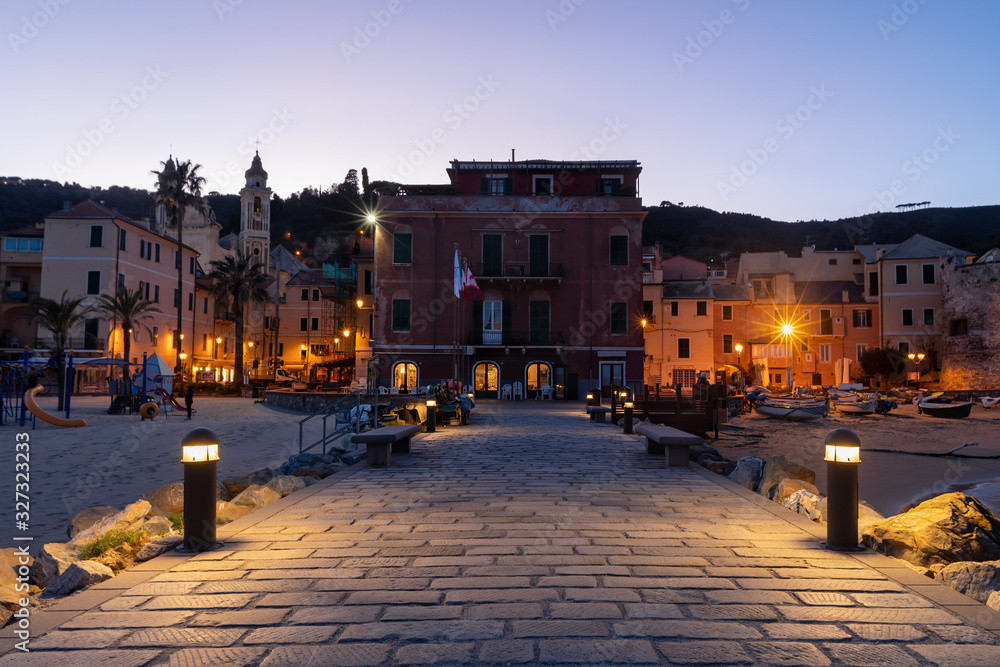 Night view of Laigueglia, seaside city and famous tourist destination on the Italian Riviera