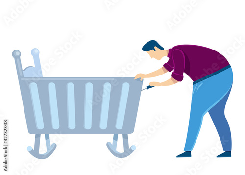 Handyperson flat color vector faceless character. Father repairing cradle. Dad fixing pendulum baby bed. Man assemble kids furniture. Housekeeping worker. Home repair isolated cartoon illustration