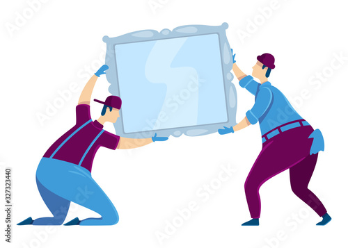 Hanging mirror flat color vector faceless characters. Professional workers. House improvement help services. Handyworkers decorating interior. Home repairs isolated cartoon illustration