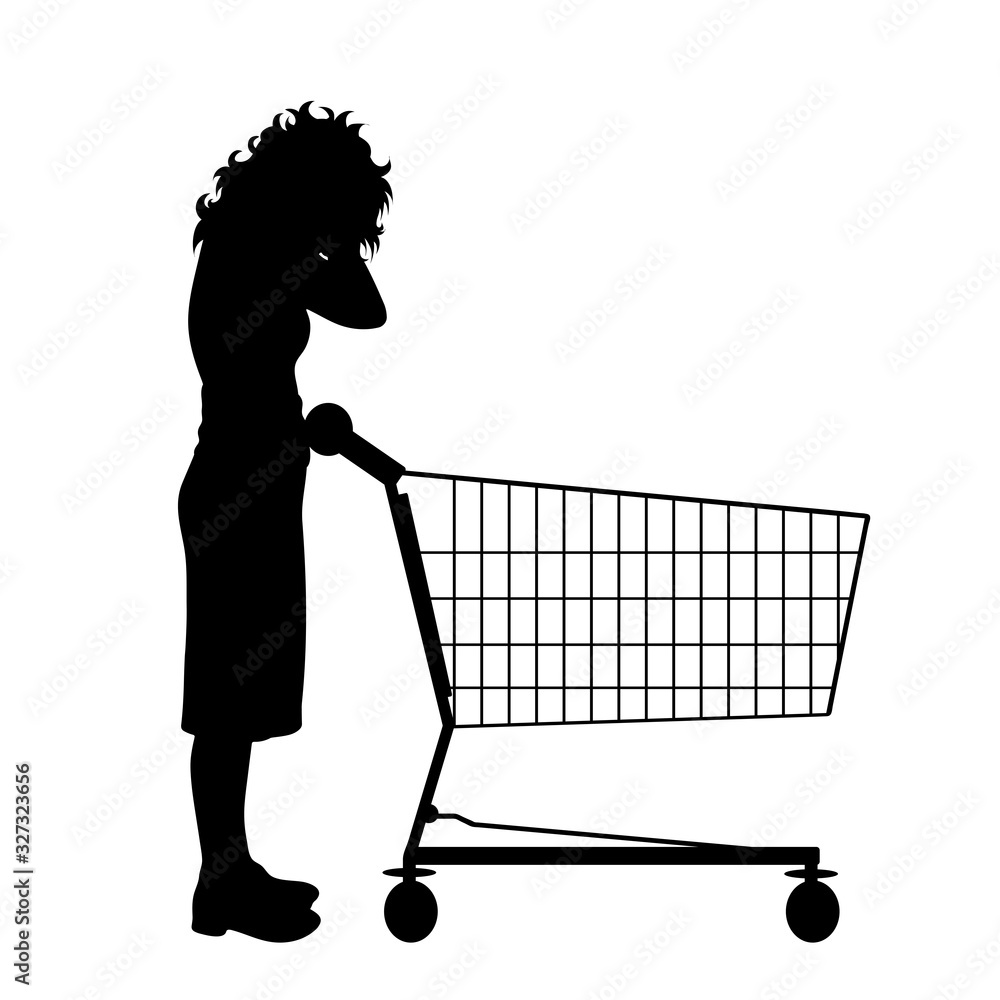 Vector silhouette of stressed woman push shopping cart on white background. Symbol of shop accessories. Vector silhouette of stressed woman push shopping cart on white background. Symbol of shop accessories.