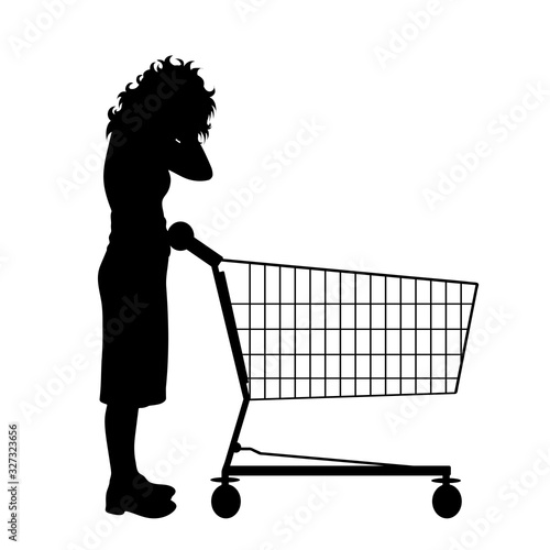 Vector silhouette of stressed woman push shopping cart on white background. Symbol of shop accessories.