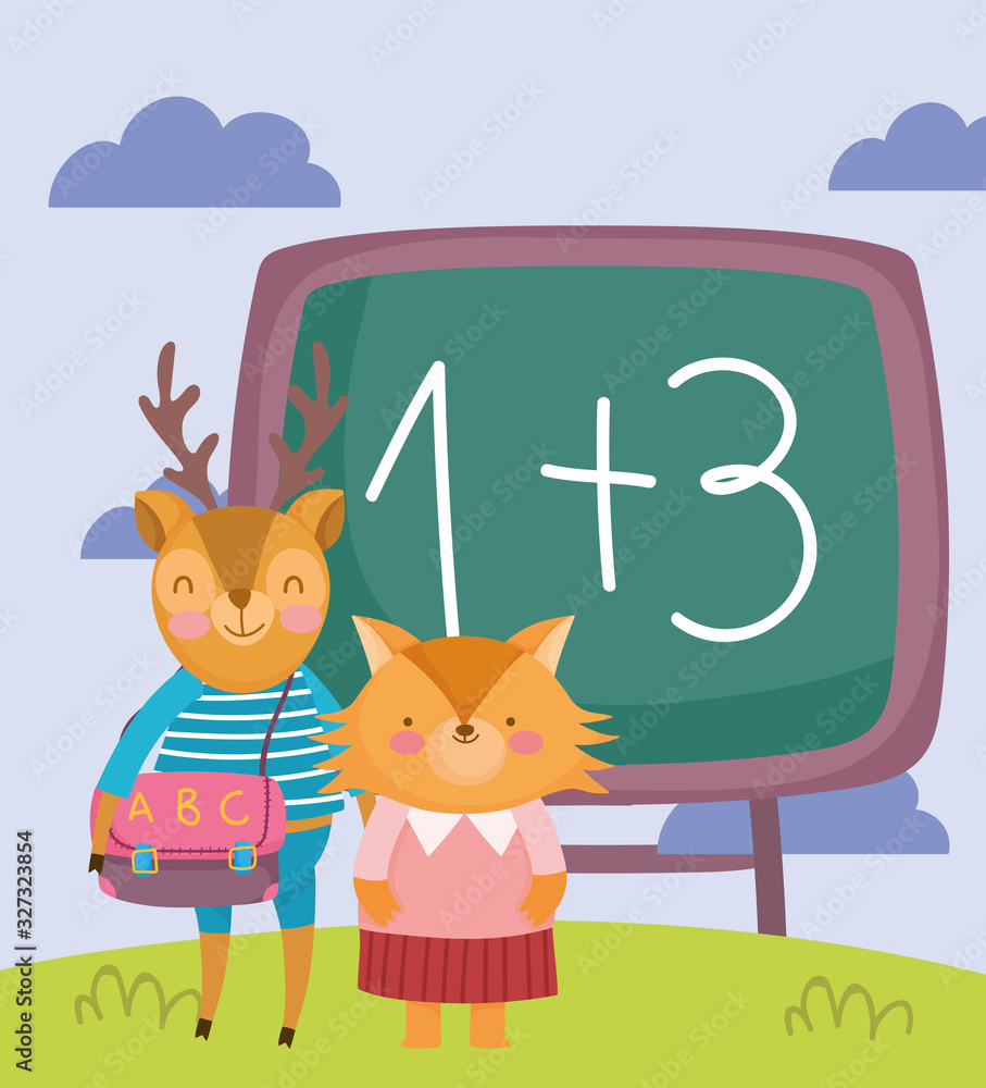 Fototapeta premium back to school, fox deer with bag and chalkboard outdoor