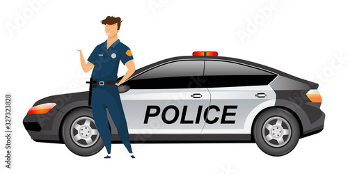 Policeman standing by patrol car flat color vector faceless character. Police officer in uniform isolated cartoon illustration for web graphic design and animation. Smiling cop with personal auto