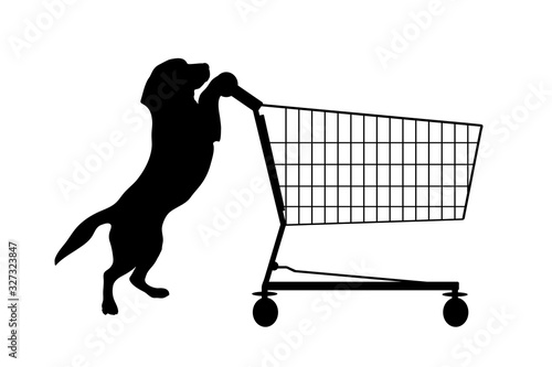 Vector silhouette of dog push shopping cart on white background. Symbol of pet shop accessories and sale.