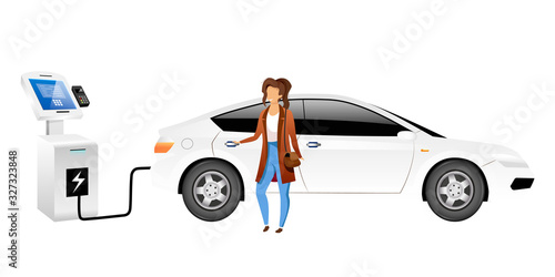 Electric car driver flat color vector faceless character. Smiling woman at ev charging station isolated cartoon illustration for web graphic design and animation. Eco friendly vehicle