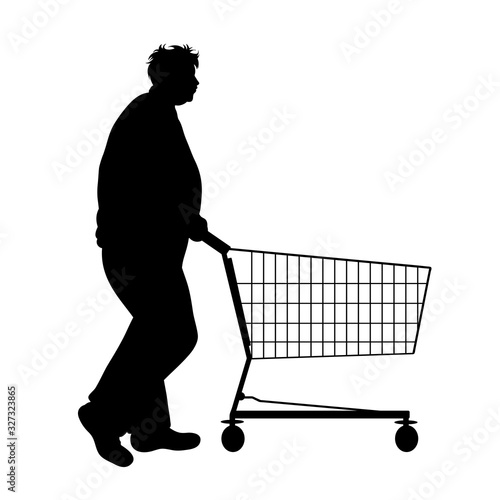 Vector silhouette of obese man push shopping cart on white background. Symbol of shop accessories.