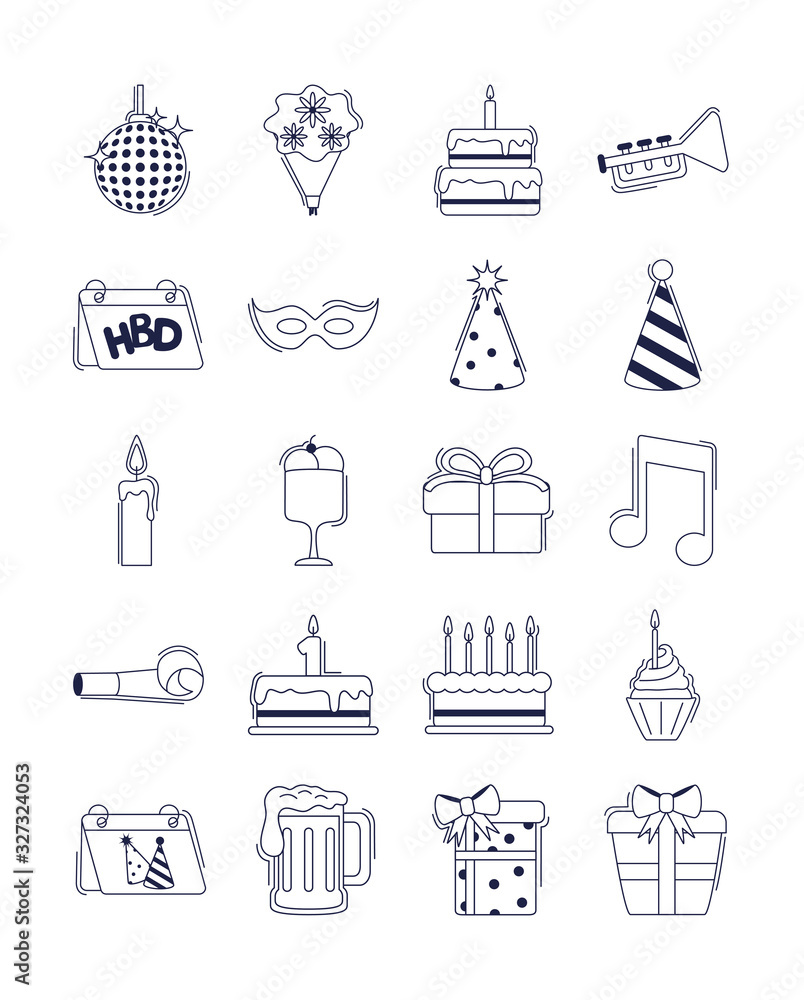 Obraz premium happy birthday, decoration event festive celebration party icon set line style