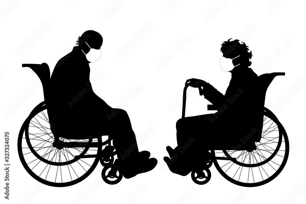 Vector silhouette of anonymous couple sitting on wheelchair with medical mask on white background. Symbol of healthy and sick. Danger of coronavirus.