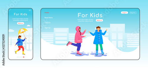 For kids landing page flat color vector template. Mobile display. Children in raincoats homepage layout. Rainy day one page website interface, cartoon characters. Kids in puddles web banner, webpage