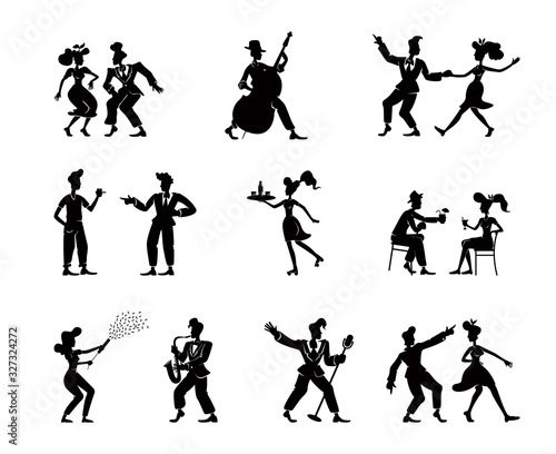 Retro women and men black silhouette illustrations kit. Old fashioned people in cool poses. Rock n roll dancers and jazz musicians 2d cartoon characters shapes set for commercial, animation, printing