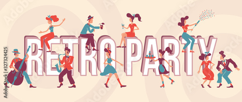 Retro party word concepts flat vector banner. Old fashioned 40s style. Isolated typography with tiny cartoon characters. 1950s music and dances creative illustration on vintage colors background