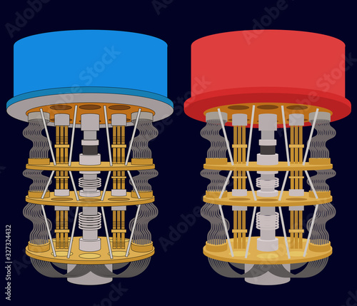 Minimal 3d colorful shaded symmetric mechanical quantum computer hardware infographic