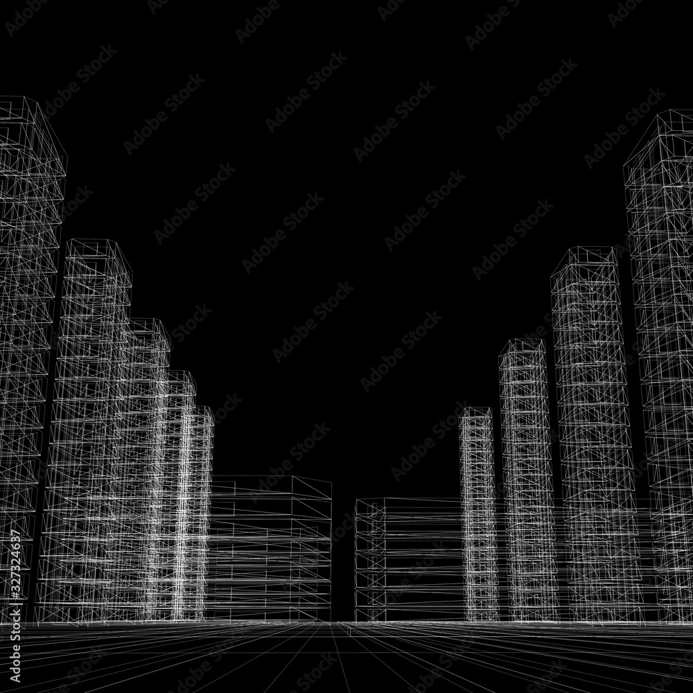 Mega city, wireframe technique, original 3d rendering