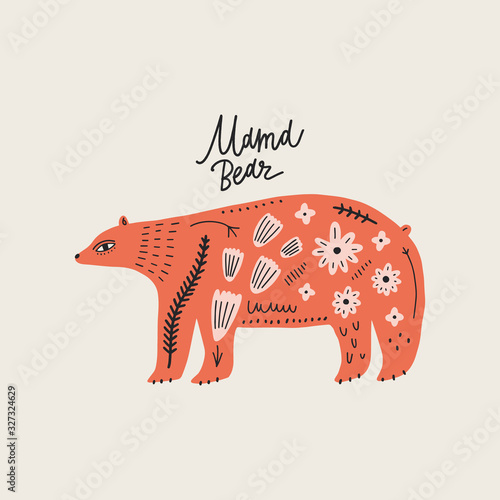 Modern folk tribal boho patterned animal in Scandinavian style. Floral Slovak ornament, inspired by northern mythology and fairy tales. Swedish folklore drawing, Nordic flowers pattern. Woodland chara