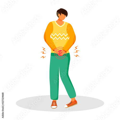 Urgent urination flat color vector faceless character. Man wants to pee. Male adult sick with cystitis. Guy with bladder problem. Unwell patient. Symptom of disease isolated cartoon illustration
