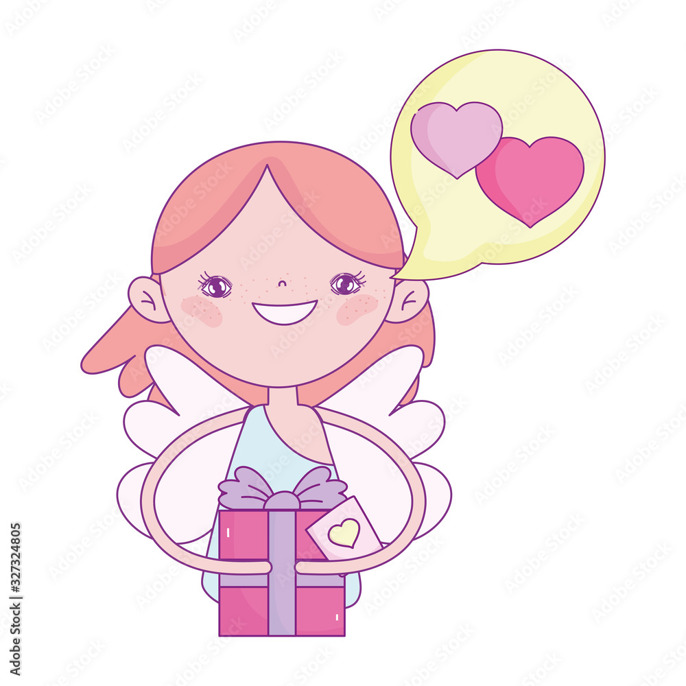 happy valentines day, cupid with gift box speech bubble love hearts happy valentines day, cupid with gift box speech bubble love hearts