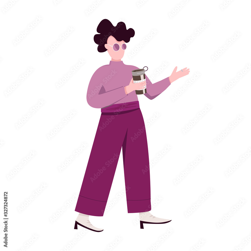 Stylish girl in sunglasses with thermo coffee cup flat color vector faceless character. Young woman holding thermos with hot drink isolated cartoon illustration for web graphic design and animation Stylish girl in sunglasses with thermo coffee cup flat color vector faceless character. Young woman holding thermos with hot drink isolated cartoon illustration for web graphic design and animation