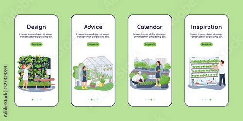 Landscape design onboarding mobile app screen flat vector template. Gardener advice and calendar. Walkthrough website steps with characters. UX, UI, GUI smartphone cartoon interface, case prints set