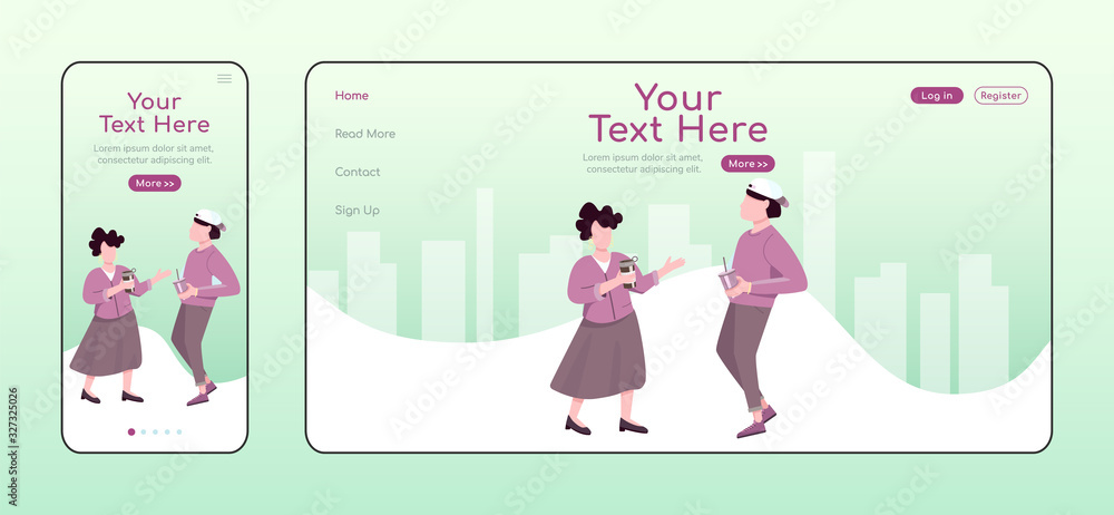 Fototapeta premium Zero waste alternatives adaptive landing page flat color vector template. Lifestyle with reusable and recyclable items mobile and PC homepage layout, one page website UI Webpage cross platform design