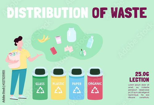 Distribution of waste banner flat vector template. Brochure, poster concept design with cartoon characters. Garbage separation, segregation. Trash sorting horizontal flyer, leaflet with place for text