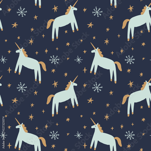 Cute hand drawn winter doodle unicorn nursery seamless pattern in Scandinavian style. Christmas and New Year theme. Magical horse concept. Vector EPS clip art