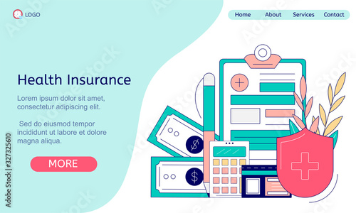 The concept of medical insurance, health and diagnosis.  Banner for an online website with a horizontal blue illustration on the topic of health. Set of medical and financial items in lineart style.