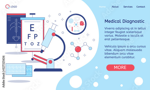 Horizontal banner for a health site. The concept of medical diagnostics, online treatment, recording tests. Vector illustration in blue with a microscope, ECG results, x-ray and visual test tables.