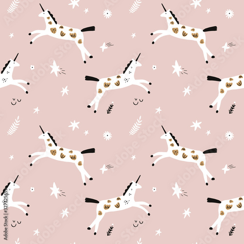 Seamless pattern with modern unicorns and stars  space constellations. Beautiful wall art wrapping paper or cloth texture with repeated contour ornate animals. Patterned horses in Scandinavian style. 