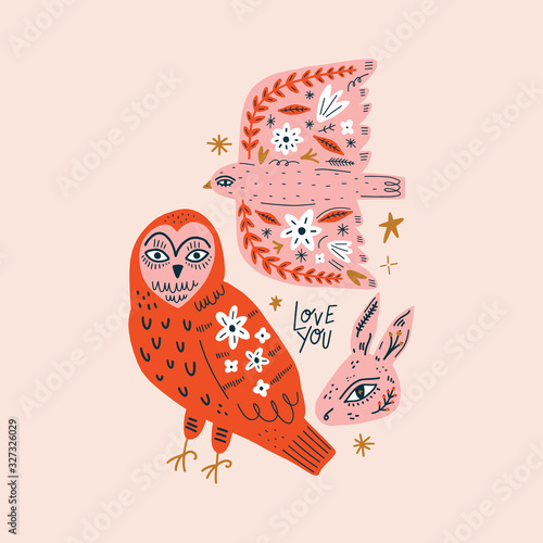 Modern folk tribal boho patterned animals in Scandinavian style. Floral Slovak ornament, inspired by northern mythology and fairy tales. Swedish folklore drawing, Nordic flowers. Woodland characters c