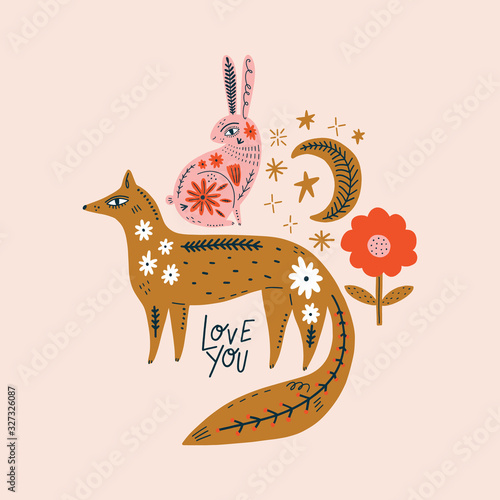Modern folk tribal boho patterned animals in Scandinavian style. Floral Slovak ornament, inspired by northern mythology and fairy tales. Swedish folklore drawing, Nordic flowers pattern. Woodland char