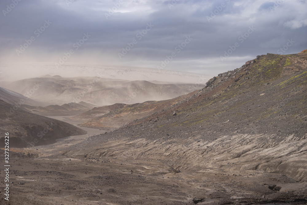 Volcanic landscape during ash storm on the Fimmvorduhals hiking trail. Iceland