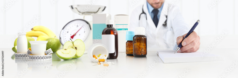 dietitian nutritionist doctor prescribes prescription sitting at the desk office with apple, yogurt, medical drugs, tape meter and scale, healthy and balanced diet concept, web banner copy space dietitian nutritionist doctor prescribes prescription sitting at the desk office with apple, yogurt, medical drugs, tape meter and scale, healthy and balanced diet concept, web banner copy space