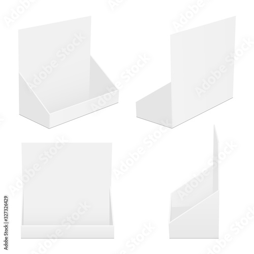 Set of cardboard counter display boxes mockups isolated on white background. Vector illustration