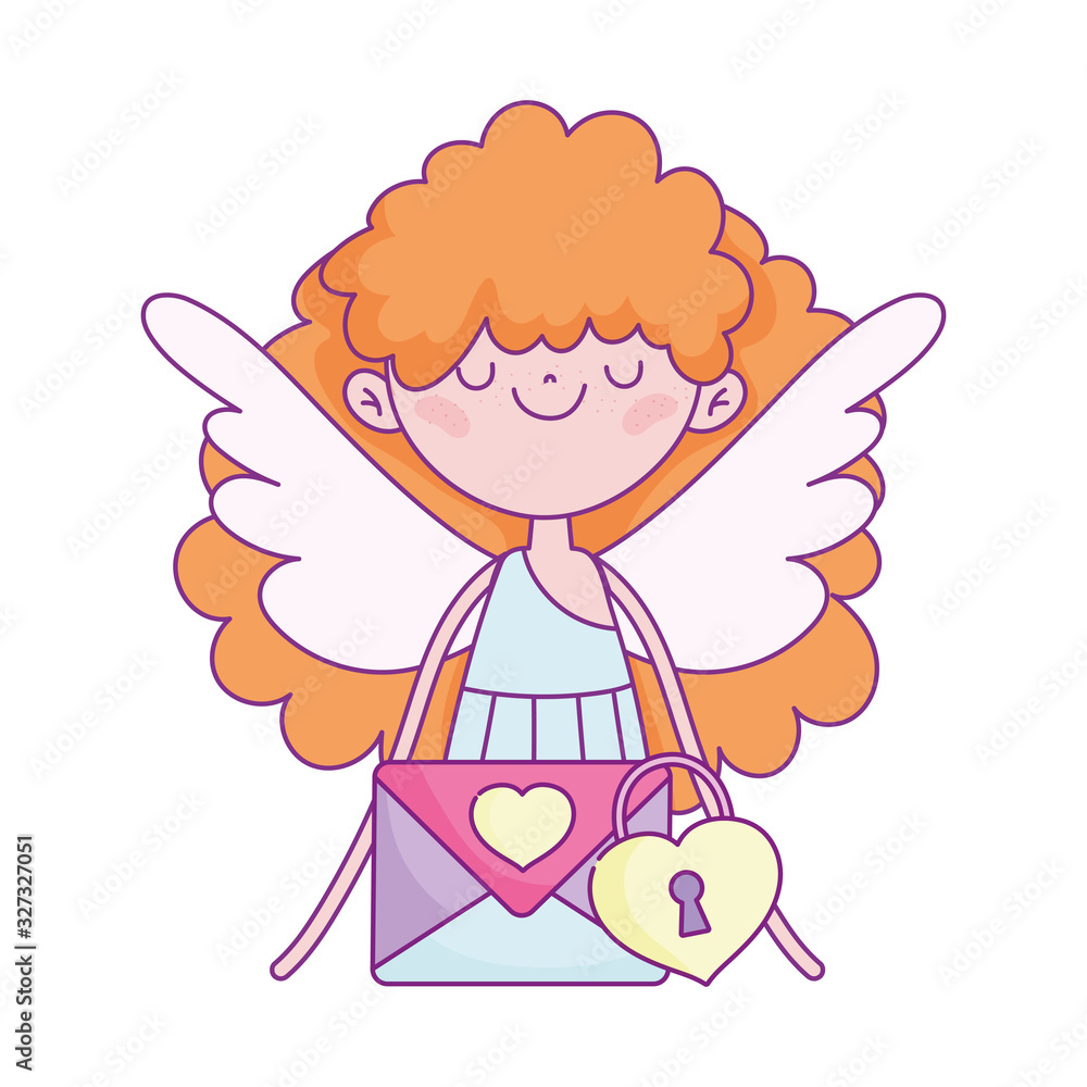 happy valentines day, cute cupid with envelope message padlock happy valentines day, cute cupid with envelope message padlock