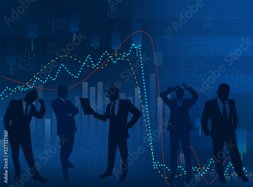 Silhouettes of businessmen on a background of abstract financial charts
