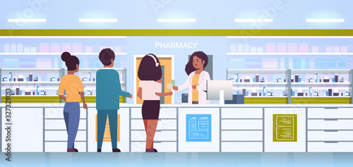 female doctor pharmacist giving pills to customers african american patients at pharmacy counter modern drugstore interior medicine healthcare concept horizontal full length vector illustration