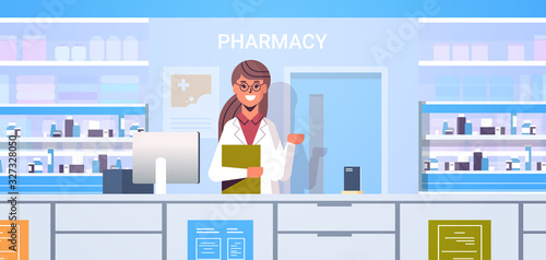 female doctor pharmacist with clipboard standing at pharmacy counter modern drugstore interior medicine healthcare concept horizontal portrait vector illustration