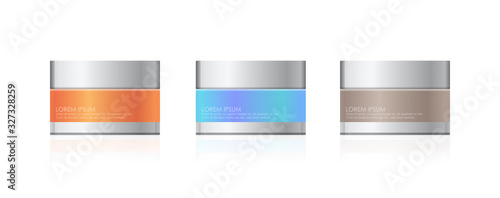 set colorful jars for cosmetic cream realistic packages collection beauty spa products natural cosmetology skincare packaging branding skin treatment concept horizontal vector illustration