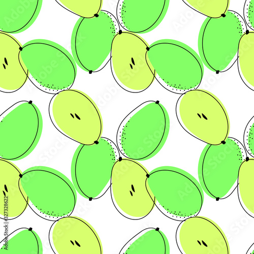Seamless pattern with ambarellas. Vector drawing of rare topucal exotic fruit - ambarella. Spondias dulcis, mombin, pomme cythere, polynesian-plum, yellow plum, otaheite-apple, tahitian quince.