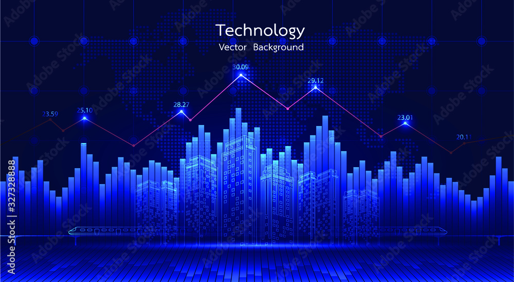 City background Financial graph on night city scape with tall buildings background double exposure. Economic growth graph chart. Vector illustration. City background Financial graph on night city scape with tall buildings background double exposure. Economic growth graph chart. Vector illustration.
