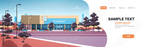 modern drugstore front view pharmacy store building exterior in suburban area medicine healthcare concept horizontal copy space vector illustration