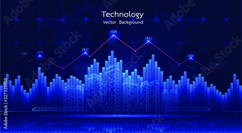 City background Financial graph on night city scape with tall buildings background double exposure. Economic growth graph chart. Vector illustration.
