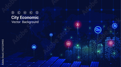 City background Financial graph on night city scape with tall buildings background double exposure. Economic growth graph chart. Vector illustration.