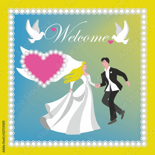 Vector illustration  Welcome to wedding  couple dancing  pigeons is carrying text Welcome.