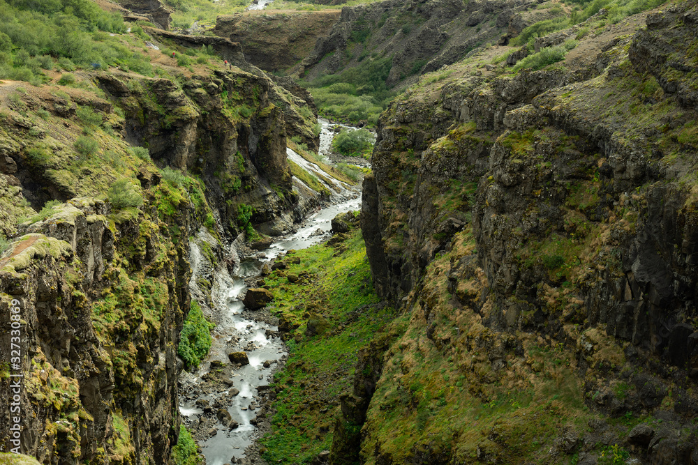 Botsna river canyon. Amazing green landscape of Icelandic Canyon. Fantastic misty weather, seagulls soaring over cliffs Botsna river canyon. Amazing green landscape of Icelandic Canyon. Fantastic misty weather, seagulls soaring over cliffs