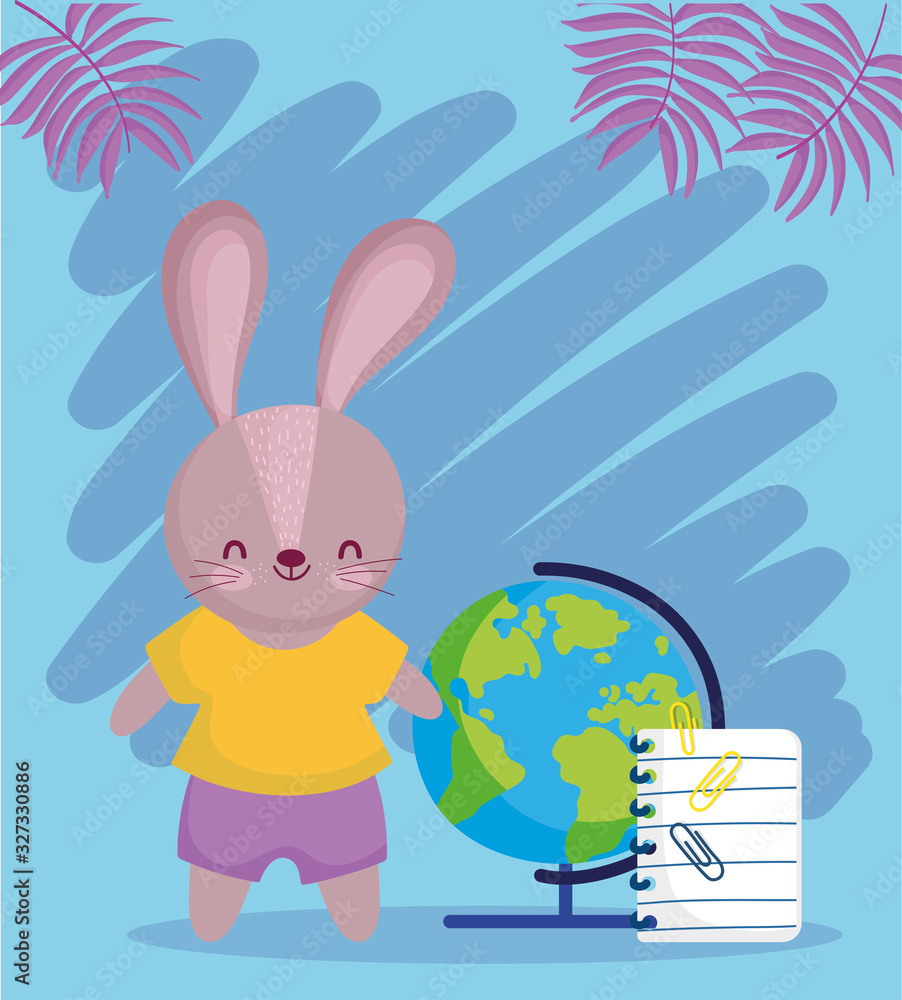 back to school, cute rabbit with globe map and notepad
