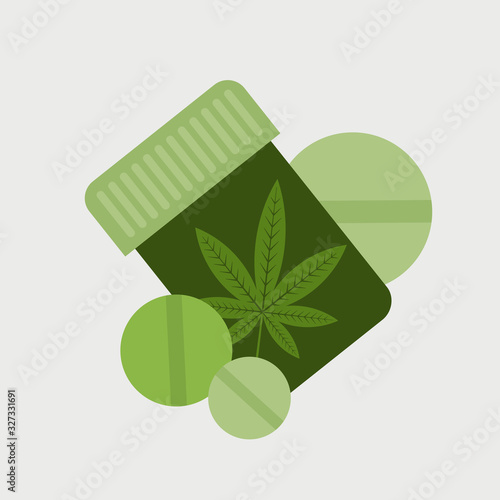 hemp medical pills bottle with cannabis or marijuana leaf ganja legalize drug consumption medicine healthcare concept vector illustration