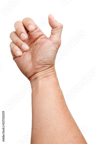 Male Asian hand gestures isolated over the white background. Soft Grab Action. Touch Action. Touch Small Thing.