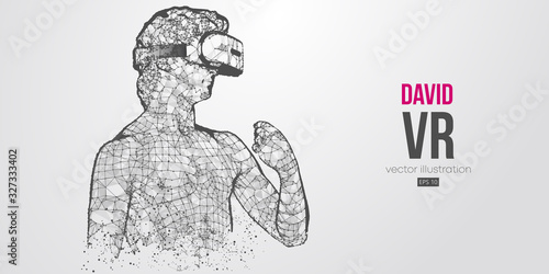 VR headset holographic low poly wireframe banner. Abstract silhouette of the polygonal statue of David, man wearing virtual reality glasses. VR games. Particles, lines on white background, vector