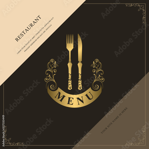 Luxury Restaurant Menu Logo Template. Golden Cutlery. Elegant Drawn Emblem. Floral Ornament. Creative Monogram with Inscription. Brochure cooking Design for Cafe, Restaurant, Bar. Vector illustration